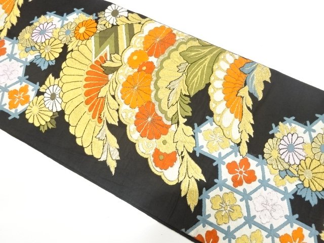 JAPANESE KIMONO / ANTIQUE FUKURO OBI / WOVEN KIKU & KIKKO